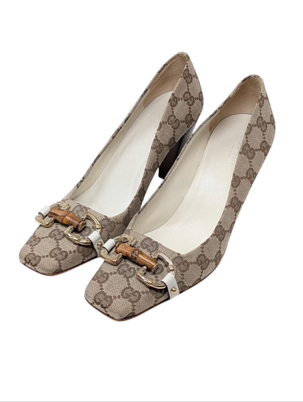 Gucci Monogram Horsebit Bamboo Square Toe Wooden Block Heel Pump Size 7.5 - Picture 2 of 10